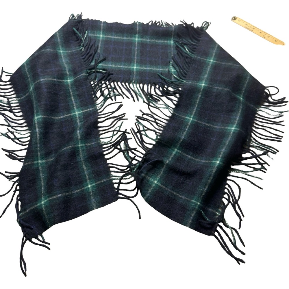 Pure Cashmere Scarf Unisex OS Navy Green Good Black Watch Tartan Plaid Fringe